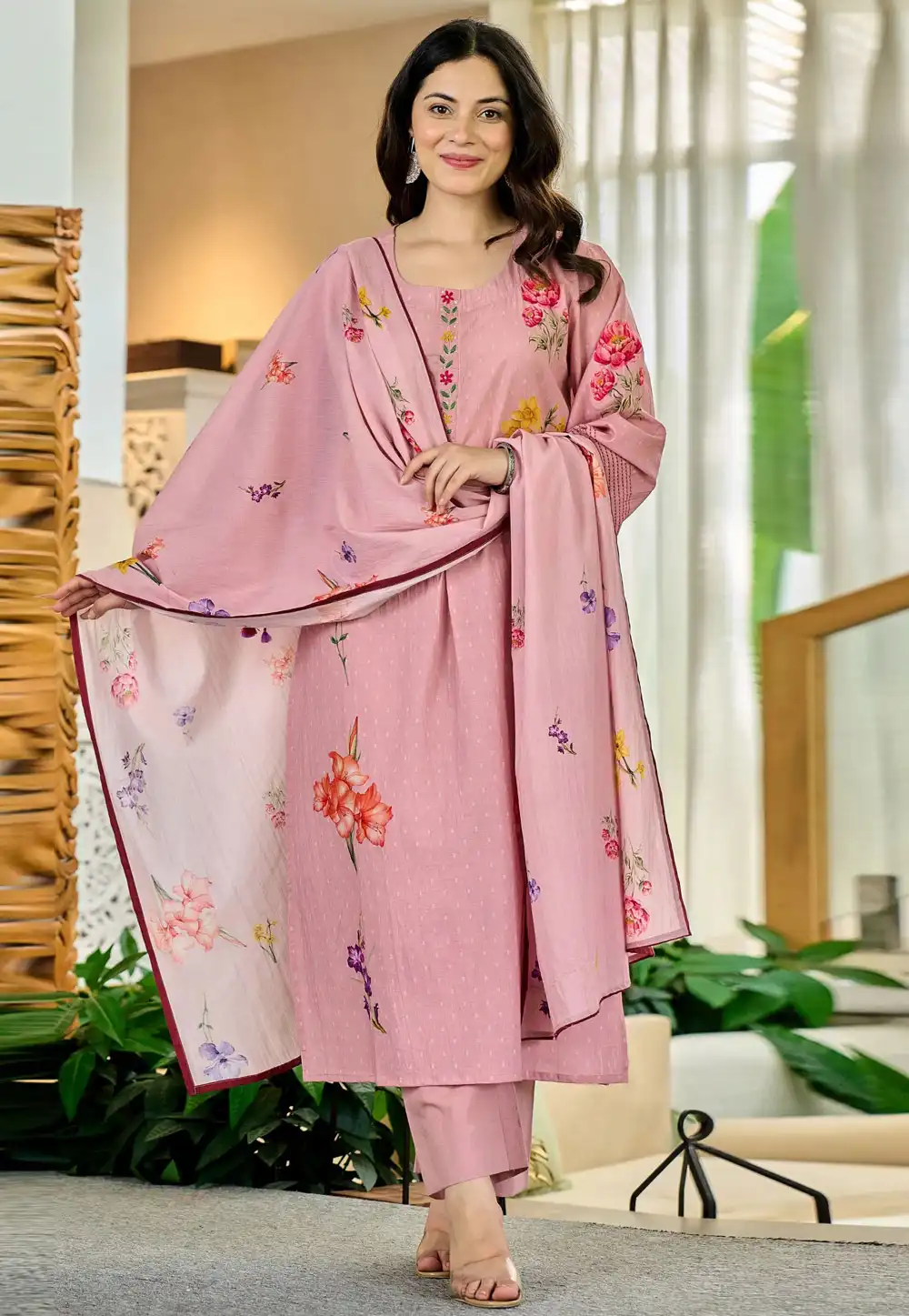 Pink Chanderi Readymade Pakistani Suit 327260