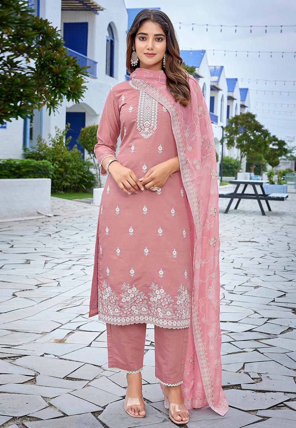 Pink Chanderi Readymade Pakistani Suit 308125