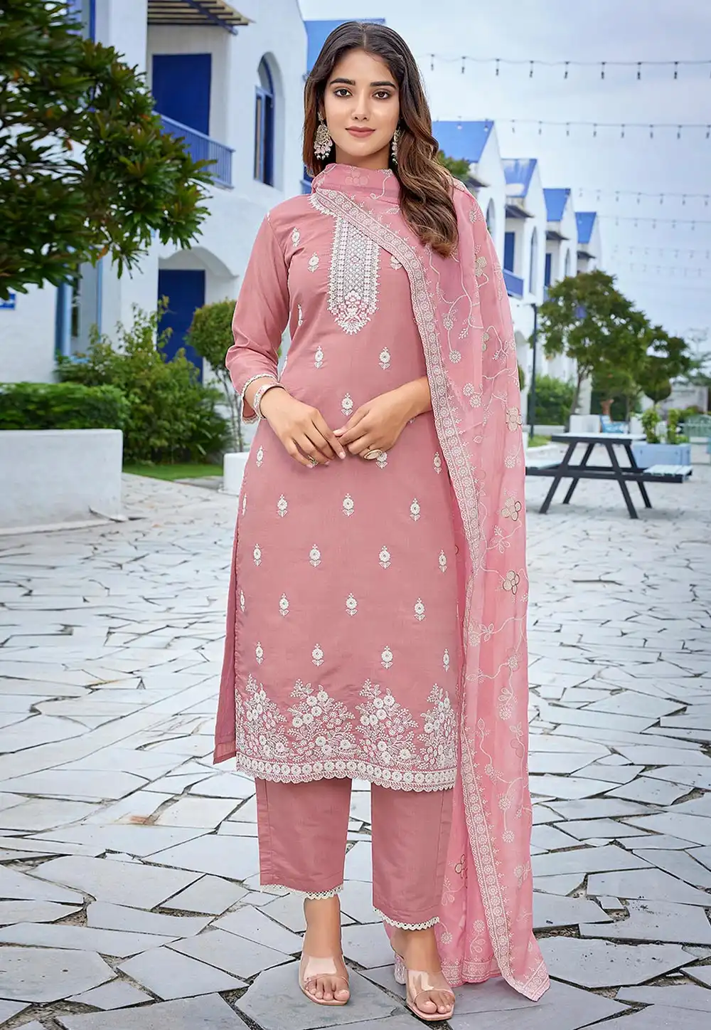 Pink Chanderi Readymade Pakistani Suit 308125