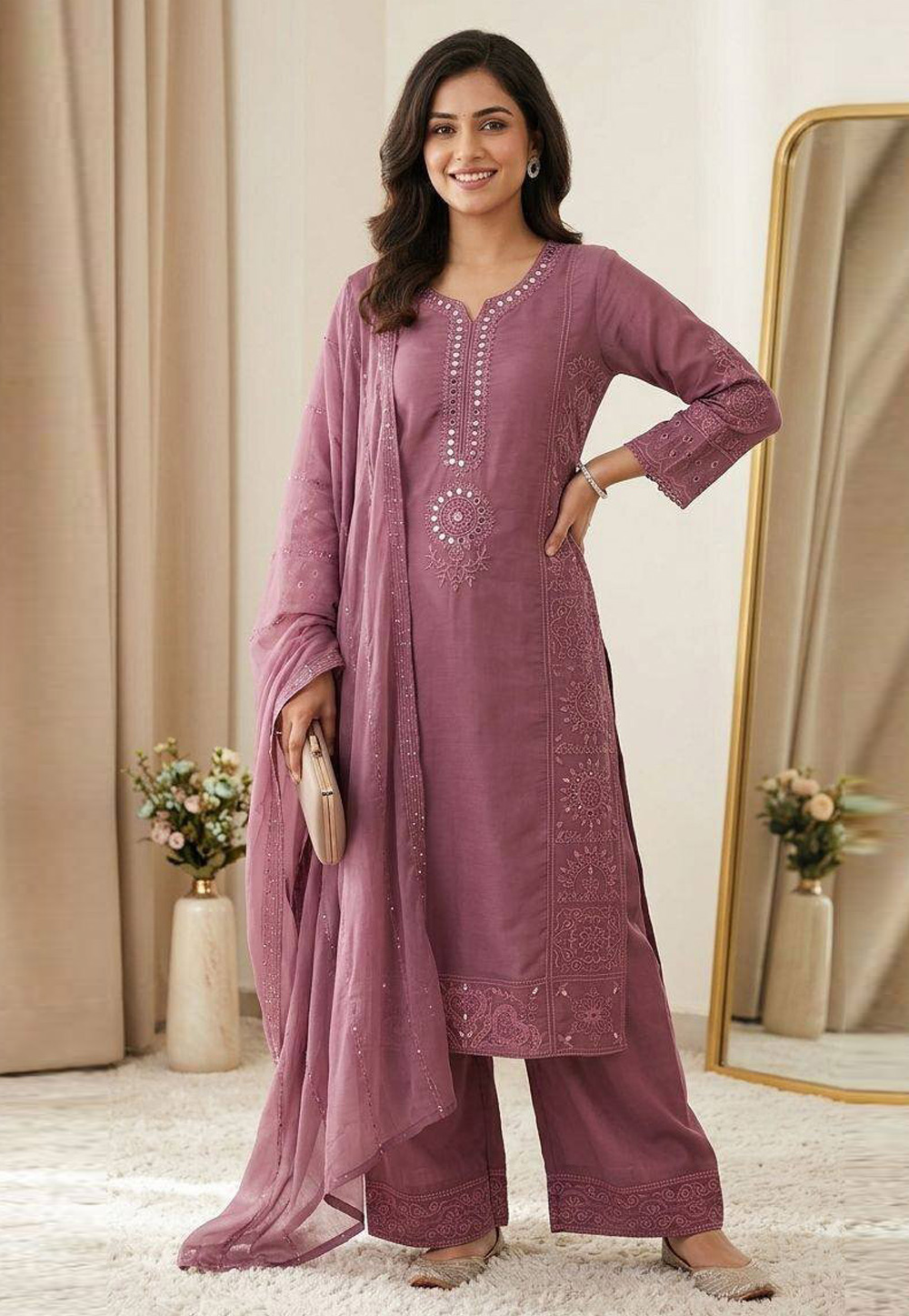 Pink Chanderi Readymade Palazzo Suit 330332