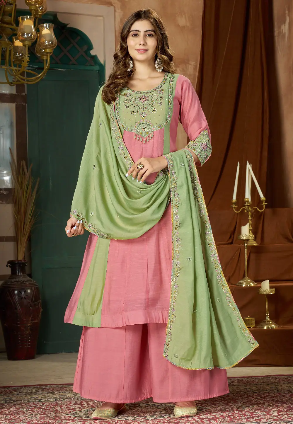 Pink Chanderi Readymade Palazzo Suit 336262