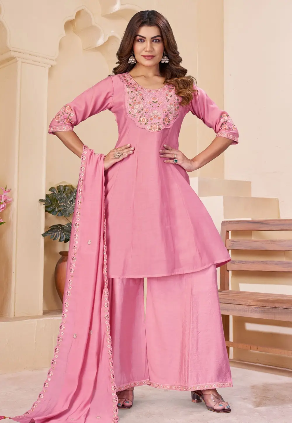 Pink Chanderi Readymade Palazzo Suit 336642