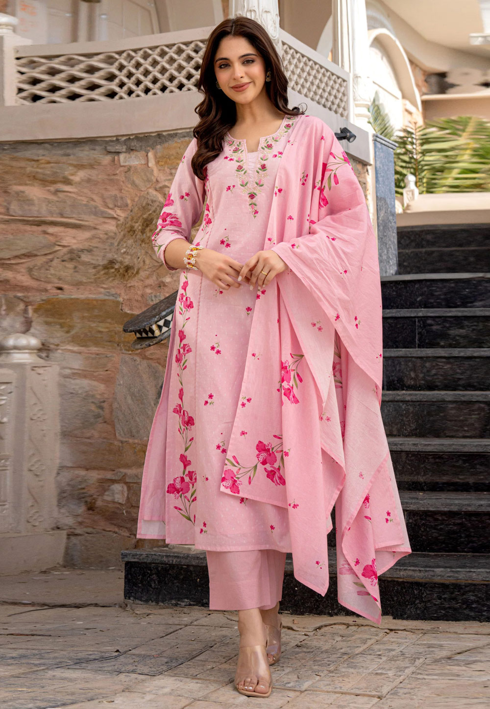Pink Chanderi Readymade Pant Style Suit 319306