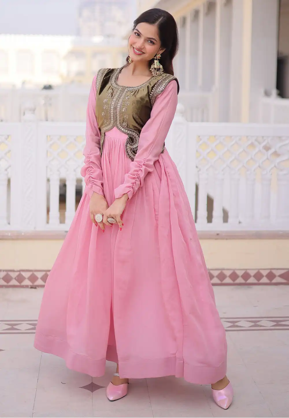 Pink Chanderi Silk Gown With Koti 323522