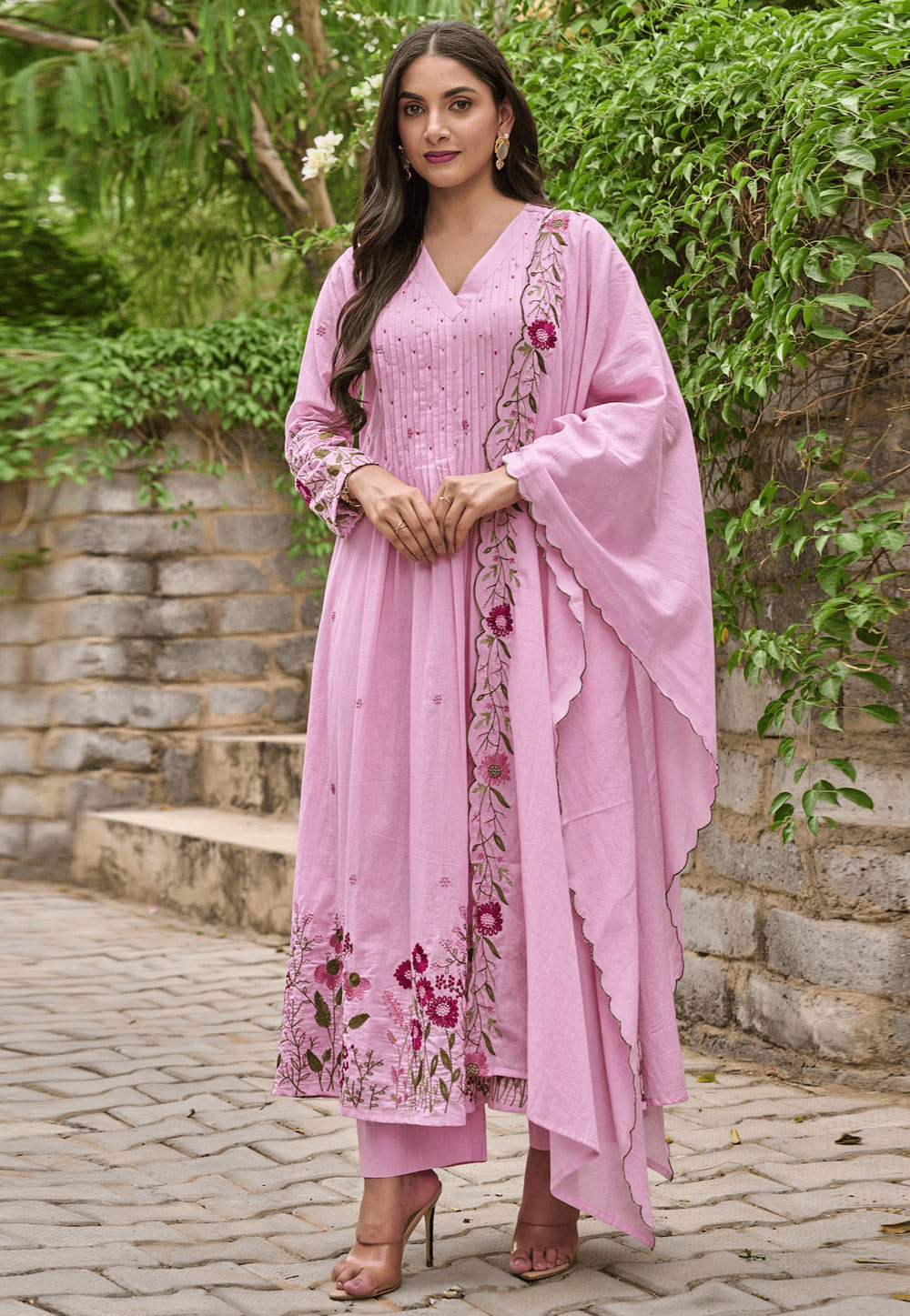 Pink Chanderi Silk Readymade Anarkali Suit 321396