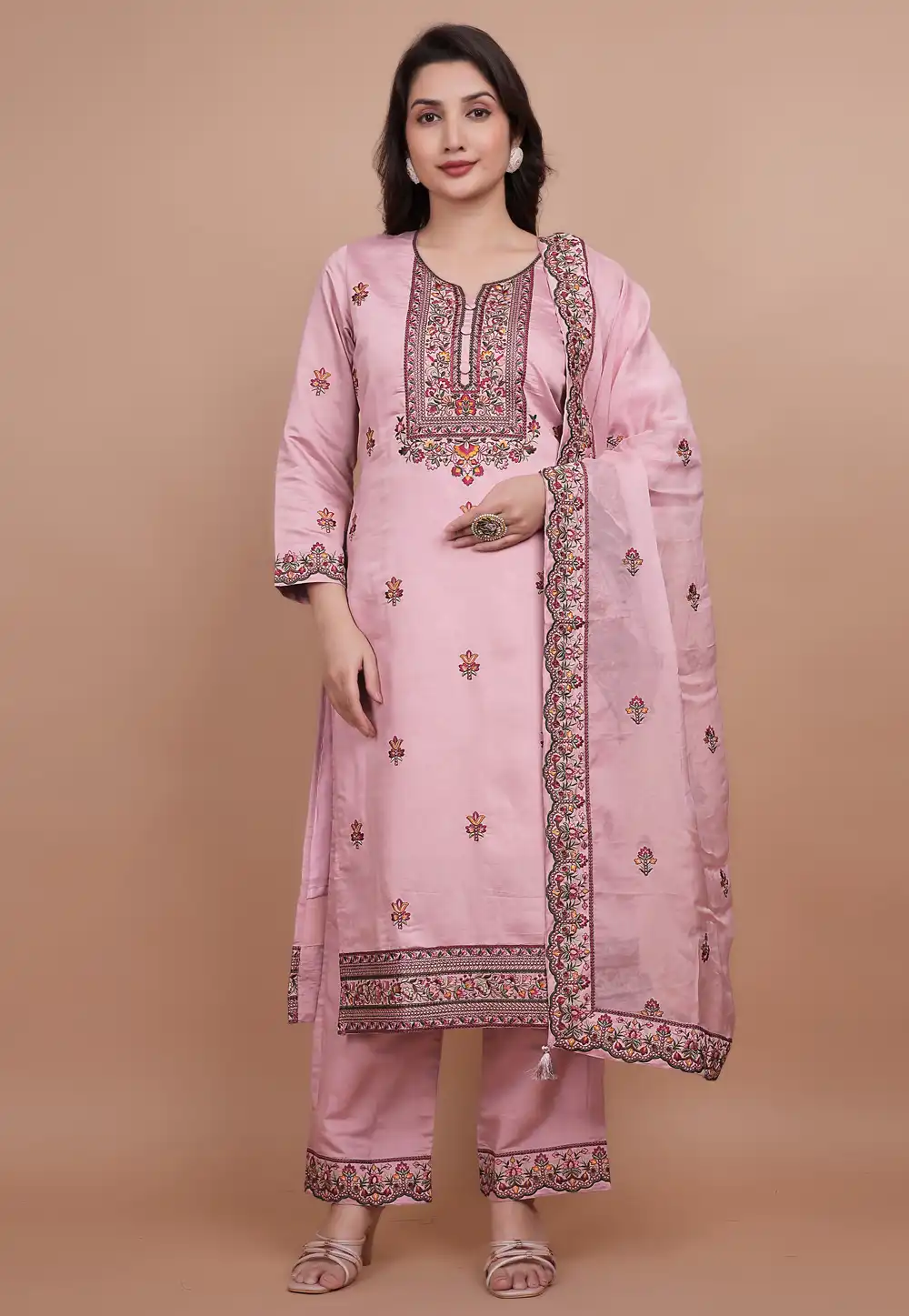 Pink Chanderi Silk Readymade Pakistani Suit 313718