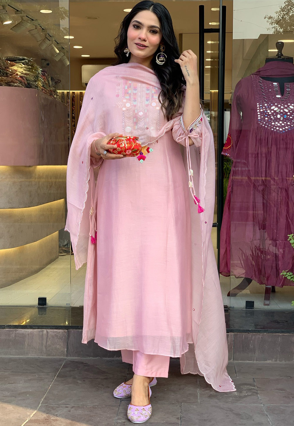 Pink Chanderi Silk Readymade Pakistani Suit 307034