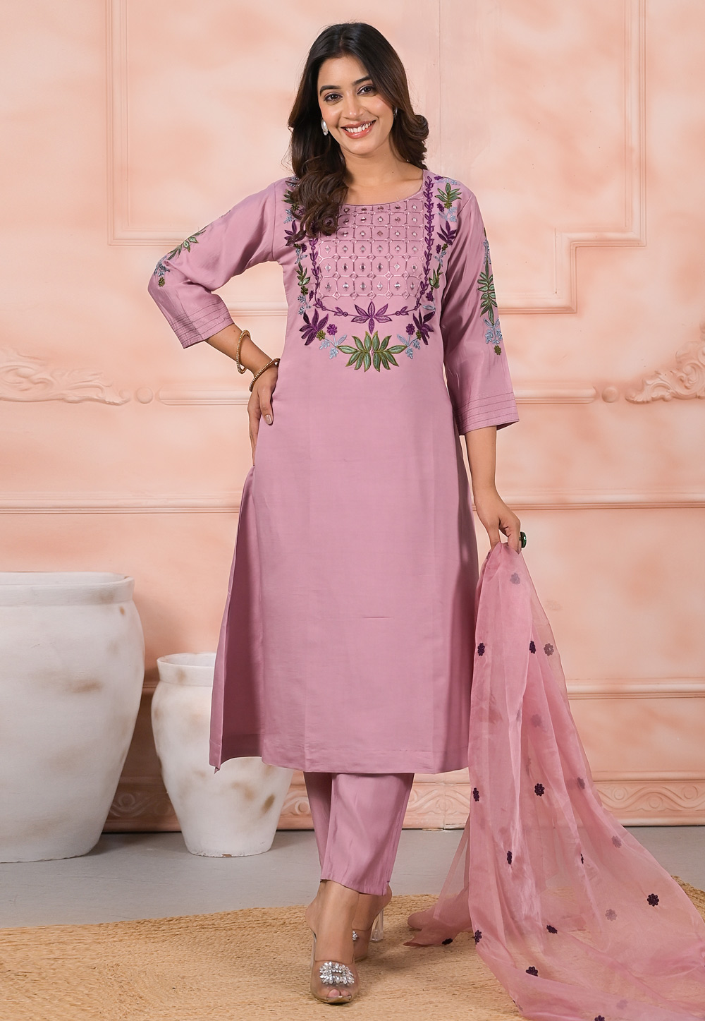 Pink Chanderi Silk Readymade Pakistani Suit 312349