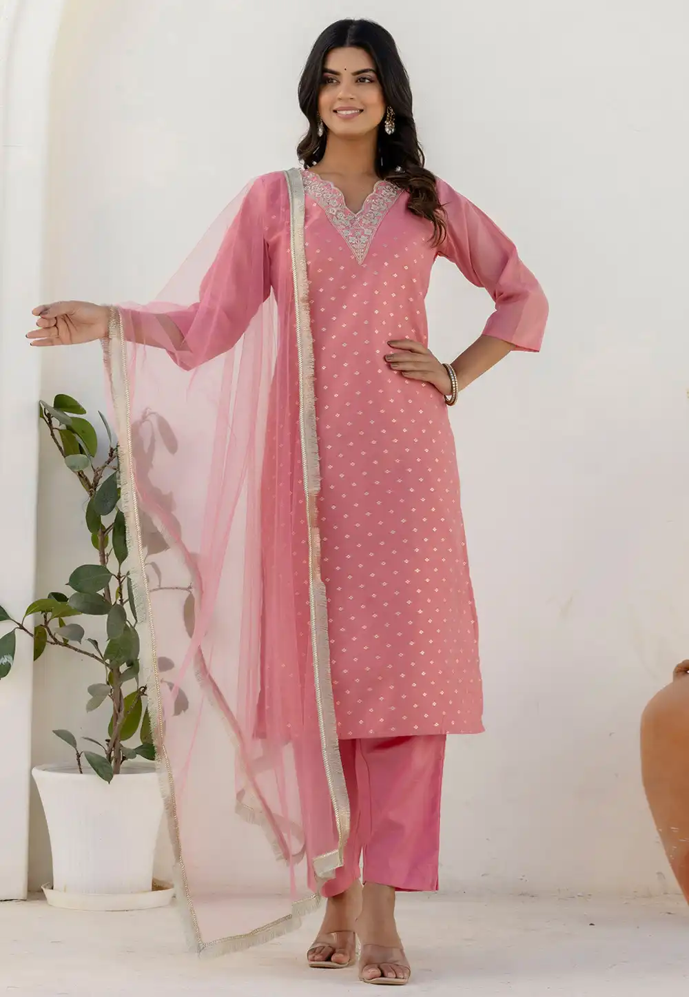 Pink Chanderi Silk Readymade Pant Style Suit 313816