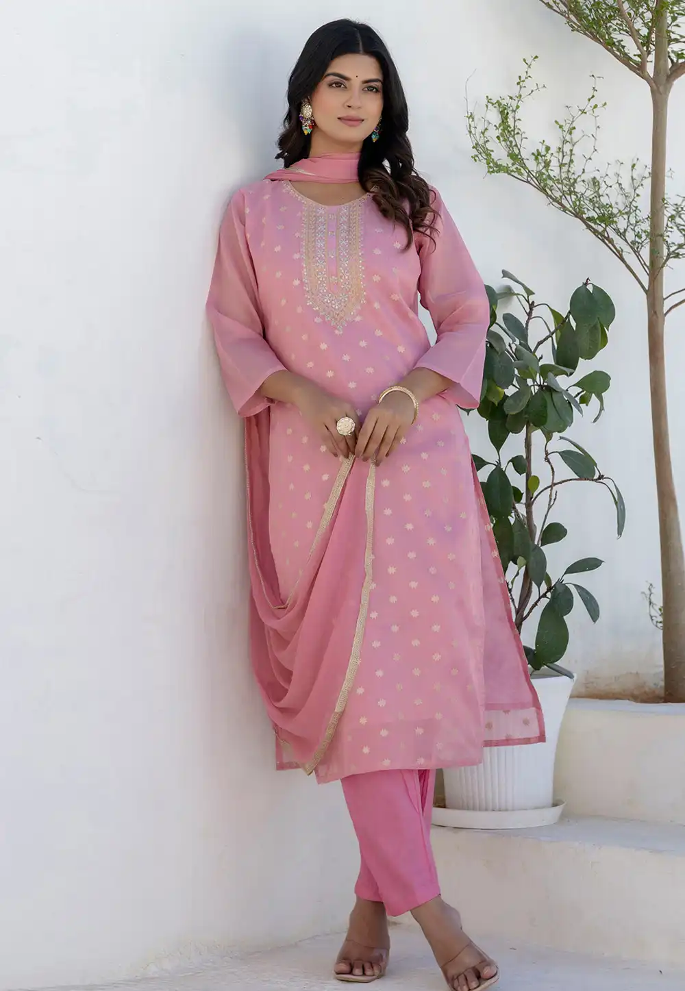 Pink Chanderi Silk Readymade Pant Style Suit 314577