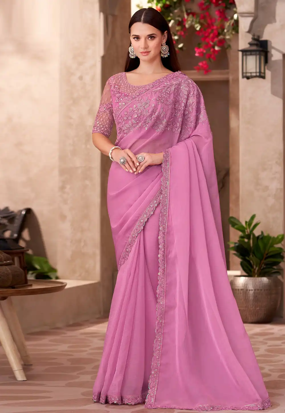 Pink Chiffon Designer Saree 314305