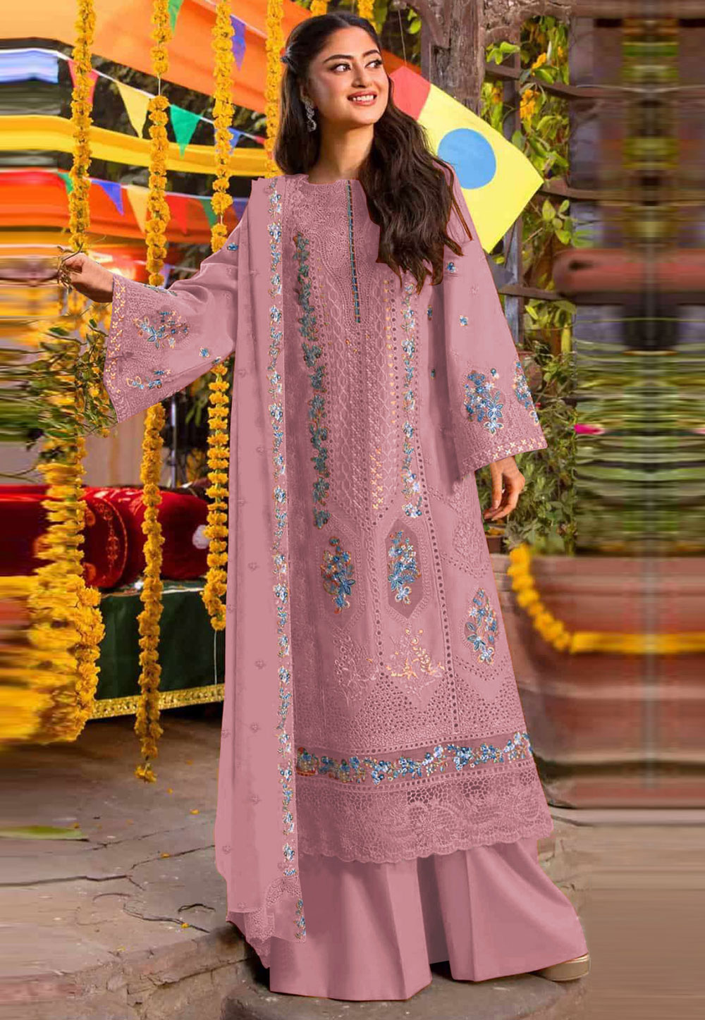 Pink Chiffon Embroidered Palazzo Suit 330100