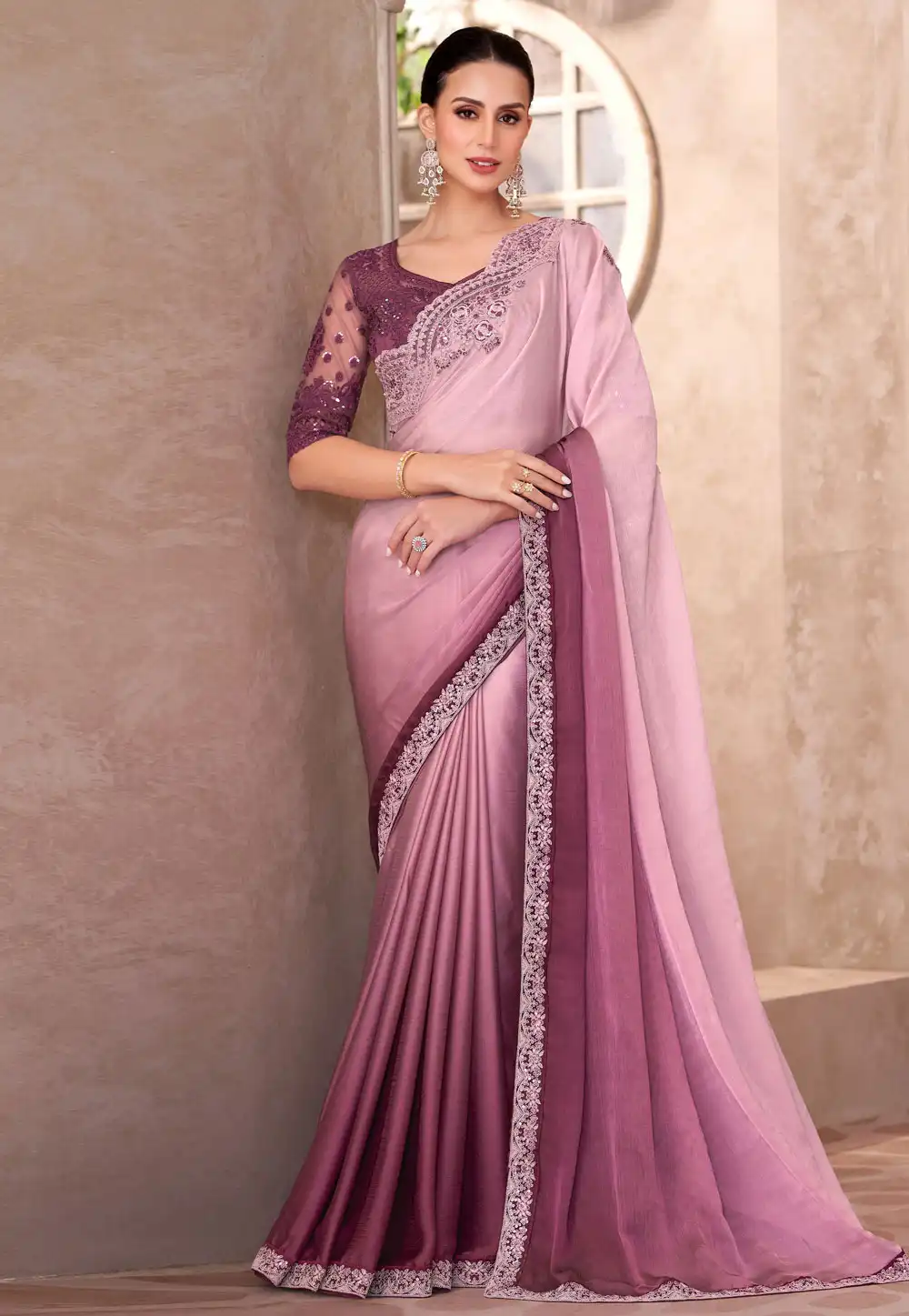 Pink Chiffon Half N Half Saree 314320