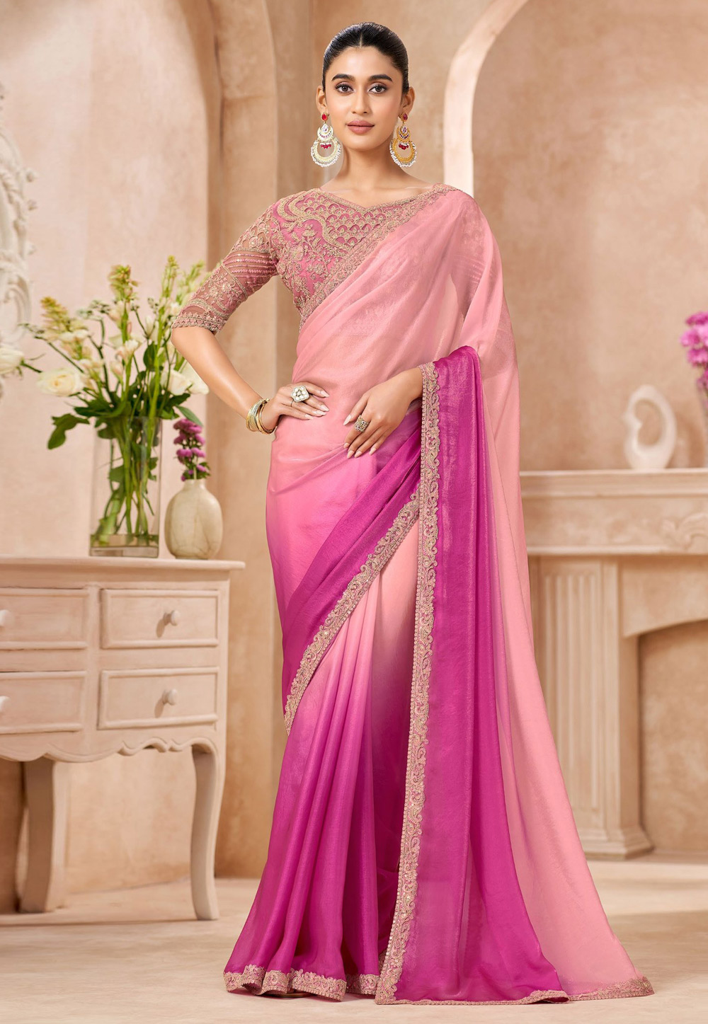 Pink Chiffon Half N Half Saree 323956