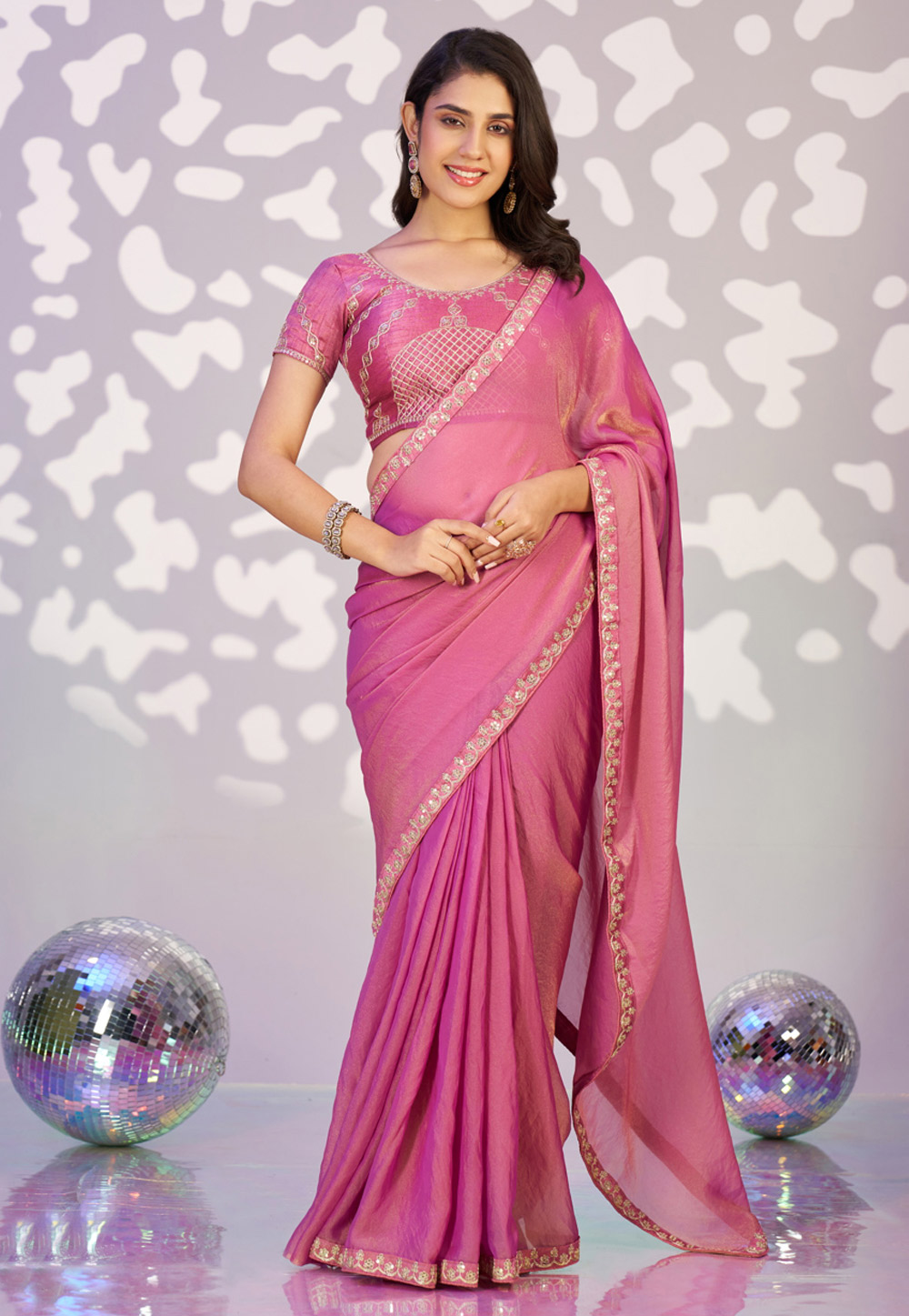 Pink Chiffon Lehenga Saree 323741