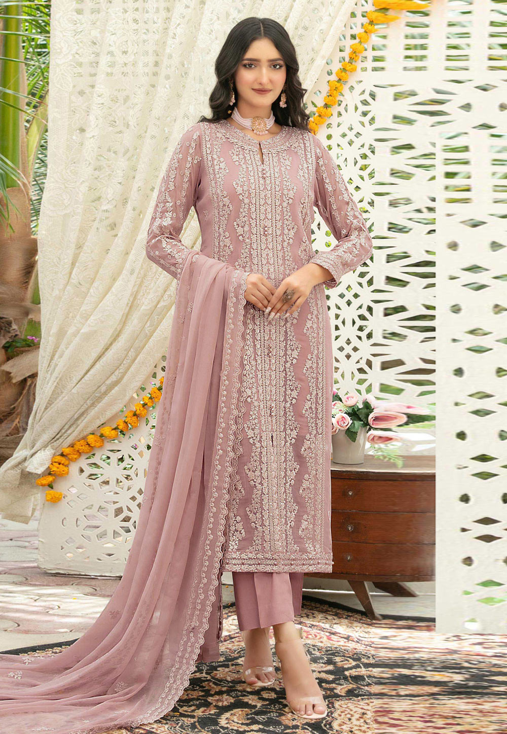 Pink Chiffon Pant Style Suit 329155
