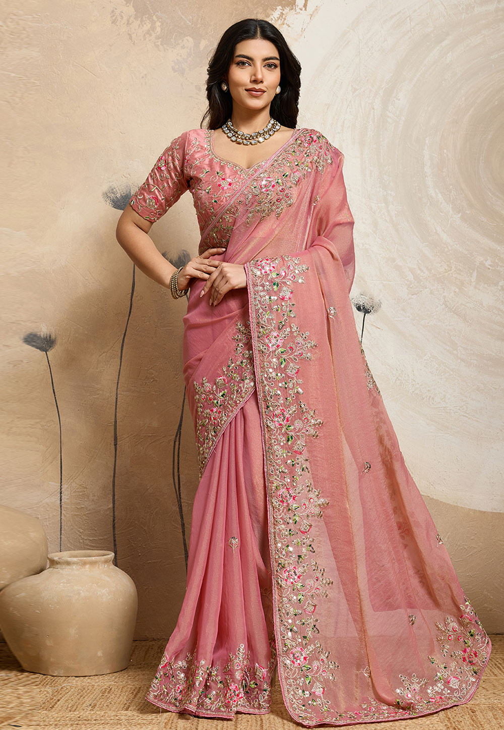 Pink Chiffon Saree With Blouse 323587