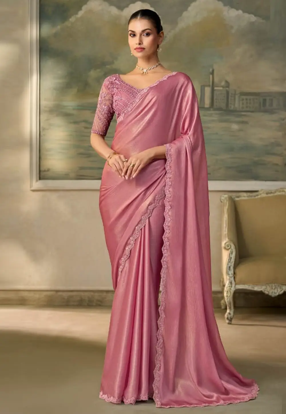 Pink Chiffon Saree With Blouse 333661