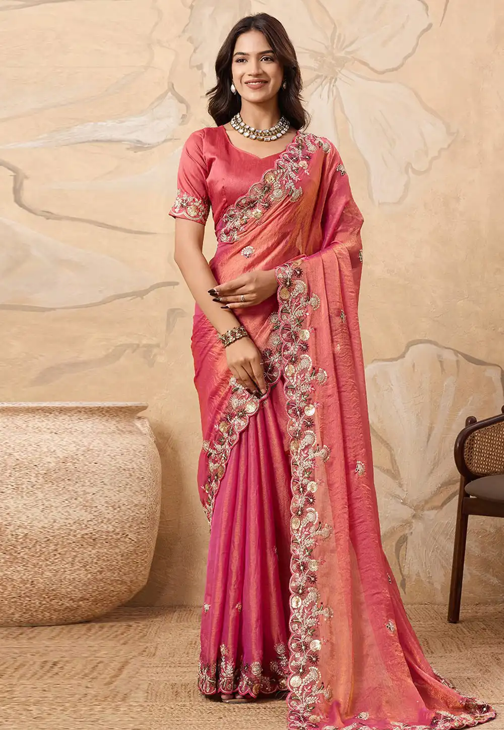 Pink Chiffon Saree With Blouse 319709