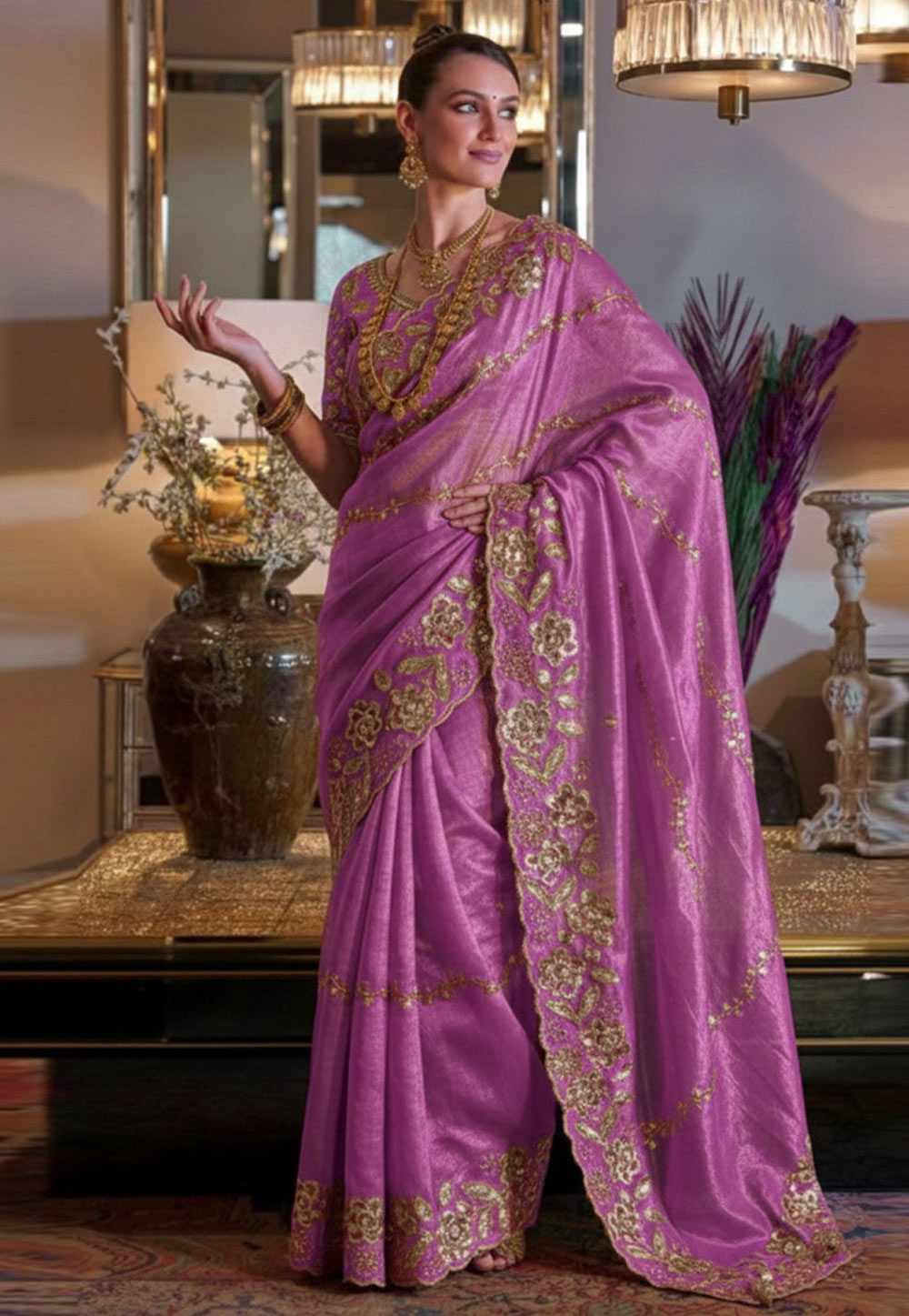 Pink Chiffon Saree With Blouse 330048