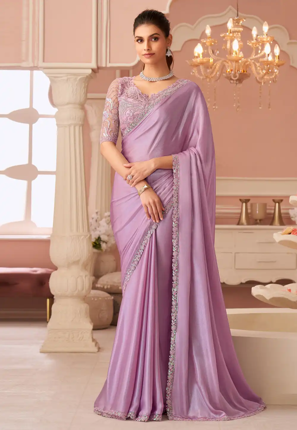 Pink Chiffon Shimmer Saree With Blouse 317001