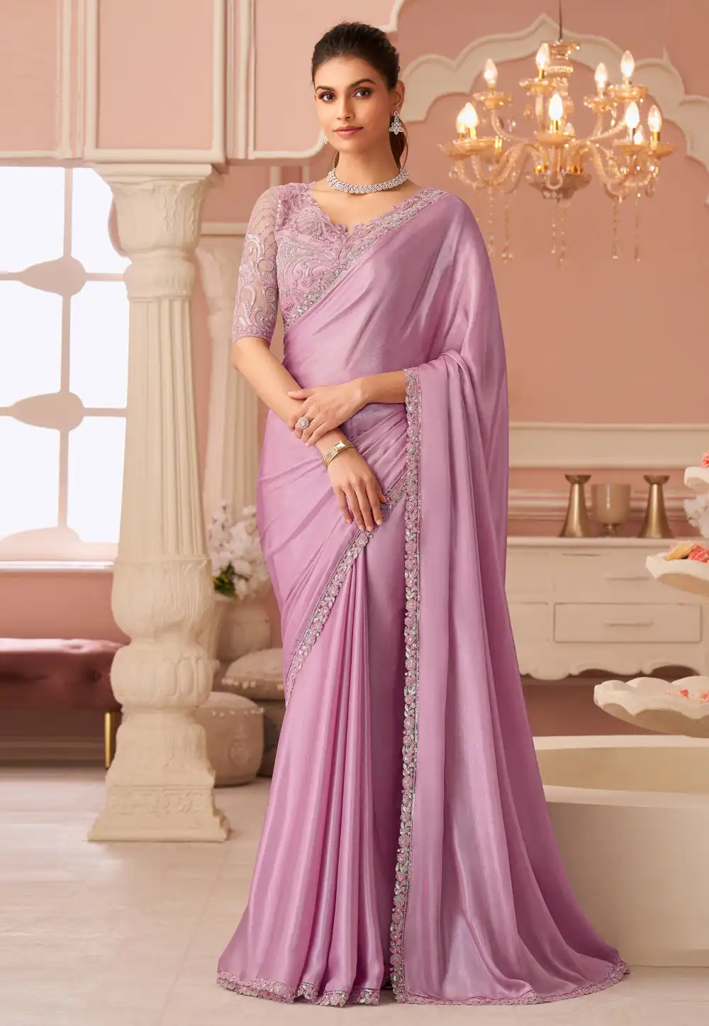 Pink Chiffon Shimmer Saree With Blouse 317003