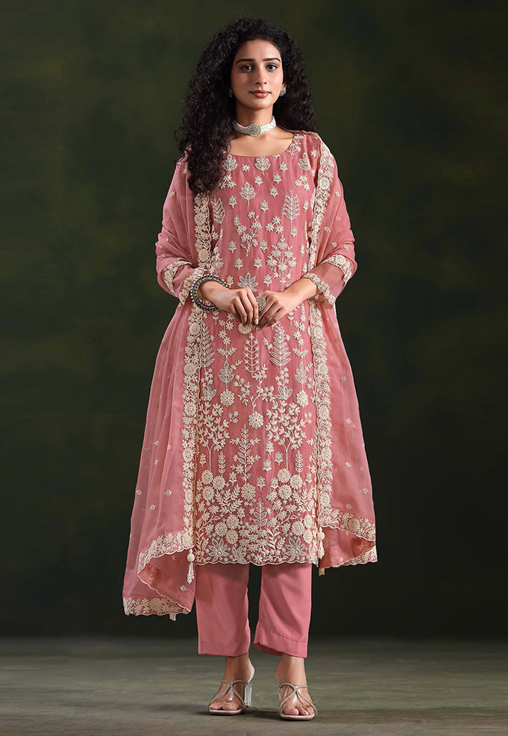 Pink Chiffon Straight Suit 324512