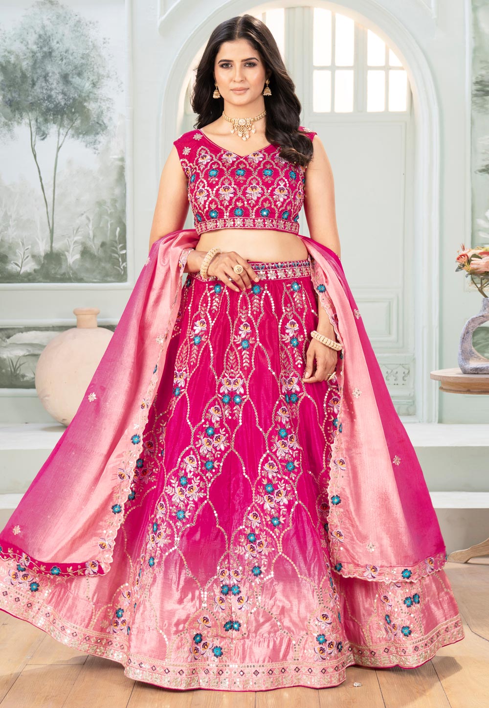 Pink Chinon Circular Lehenga Choli 312537