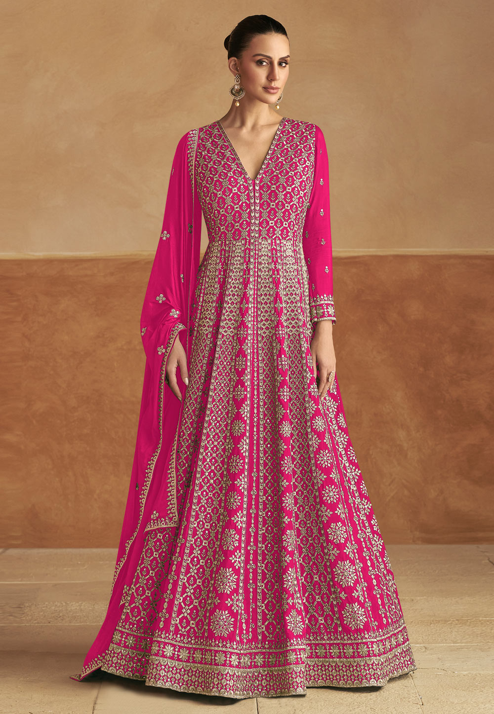 Pink Chinon Embroidered Long Anarkali Suit 318766