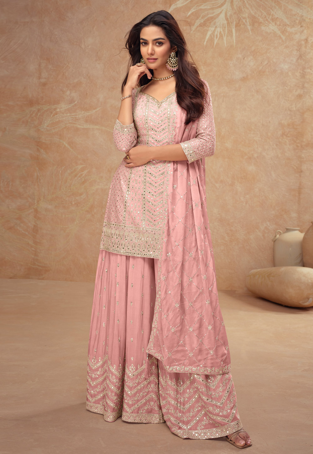 Pink Chinon Embroidered Palazzo Suit 307316