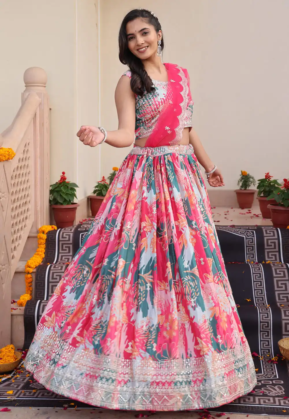 Pink Chinon Floral Lehenga choli 318843