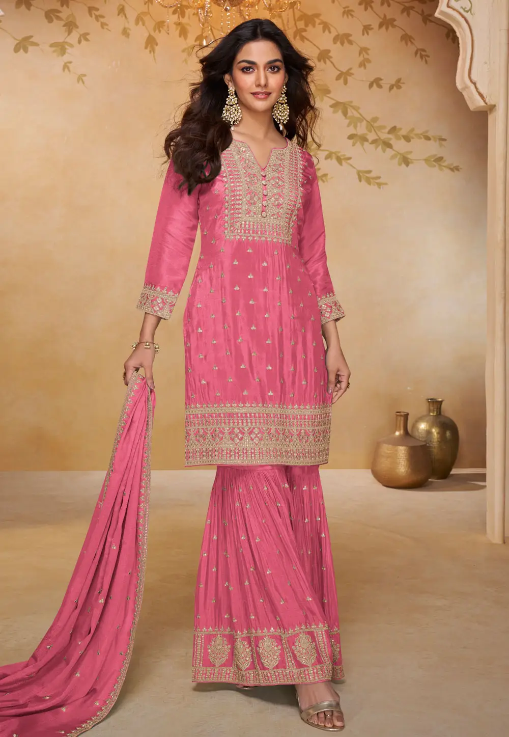 Pink Chinon Gharara Suit 335655