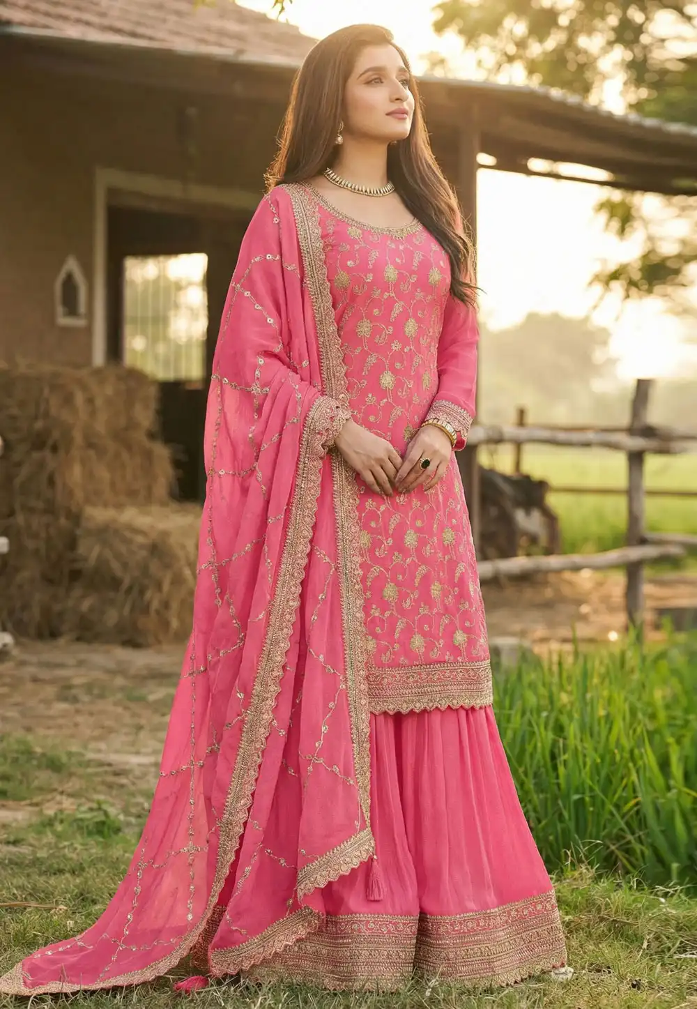 Pink Chinon Jacquard Palazzo Suit 325569