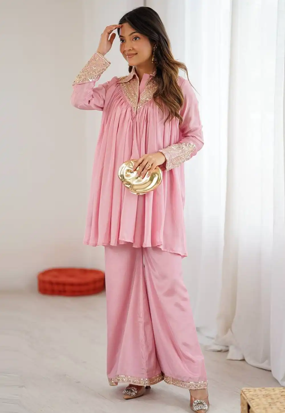 Pink Chinon Kurta Set With Palazzo 329993
