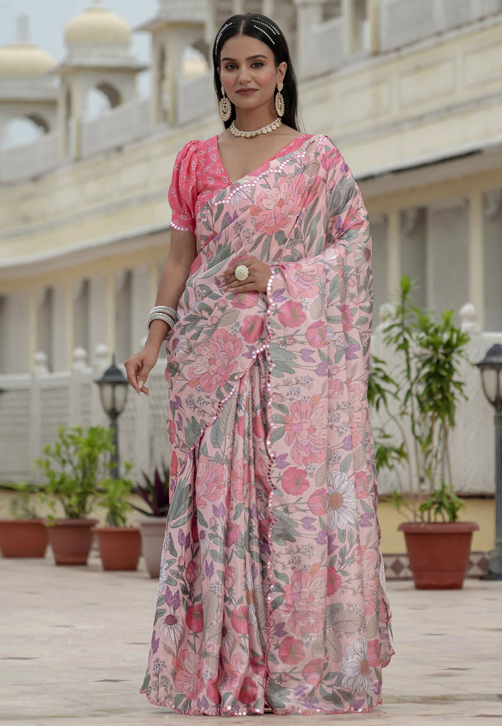 Pink Chinon Lehenga Saree 318033
