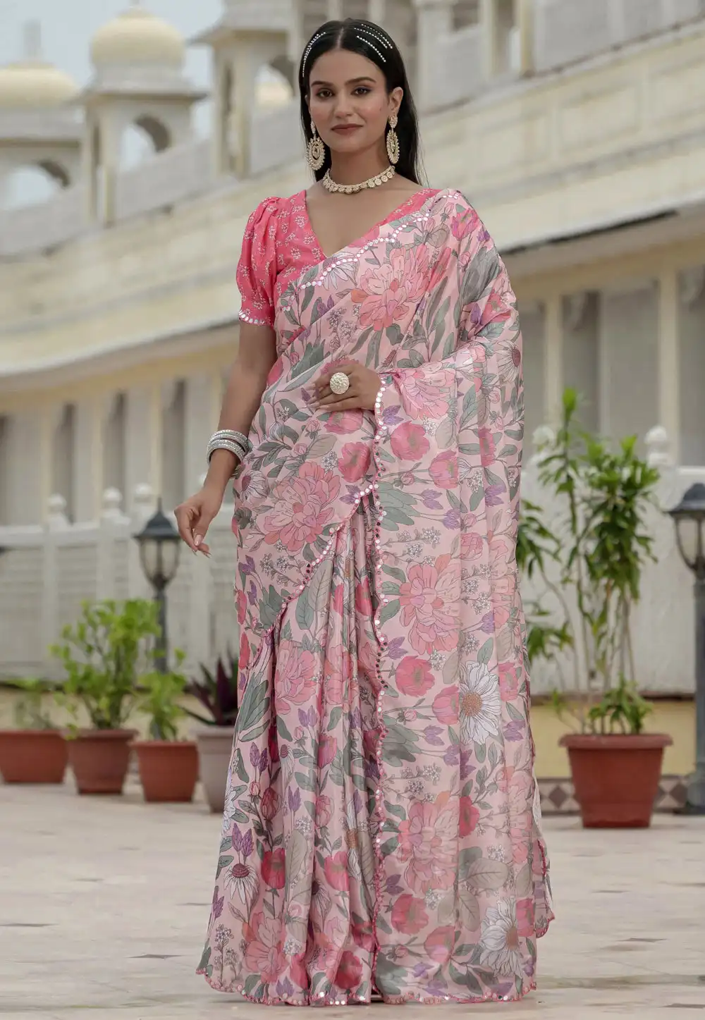 Pink Chinon Lehenga Saree 318033