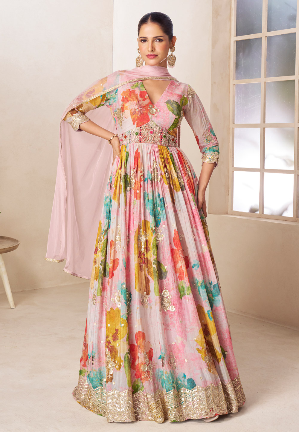 Pink Chinon Long Anarkali Suit 322988