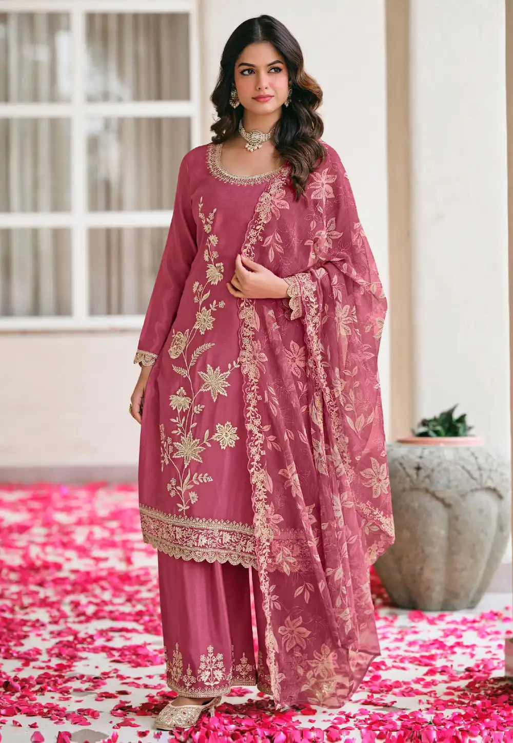 Pink Chinon Palazzo Suit 328929