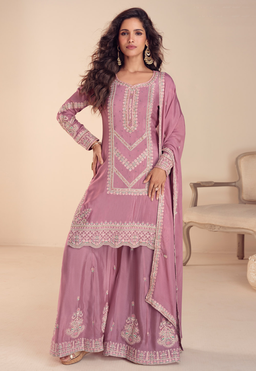 Pink Chinon Palazzo Suit 325559