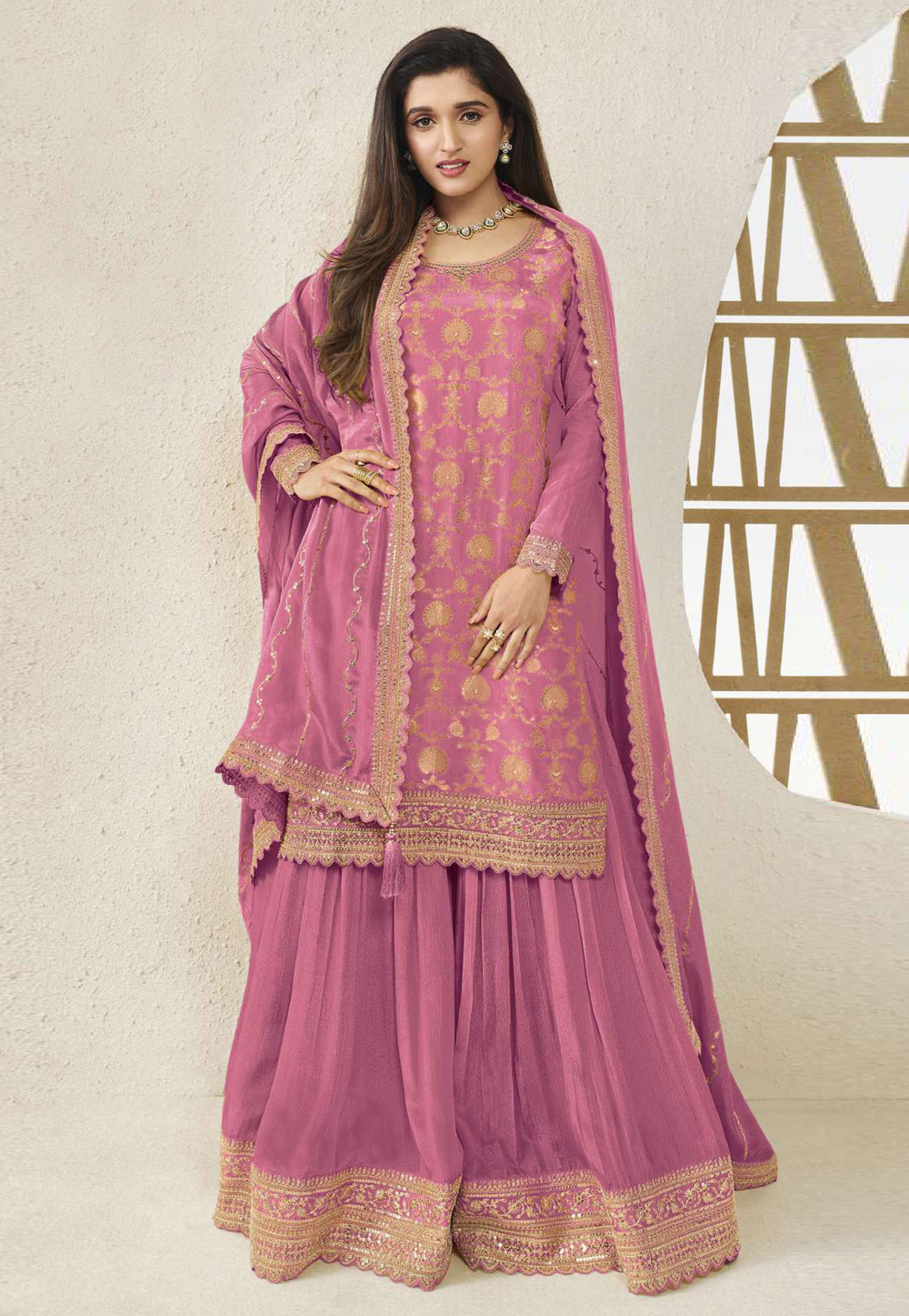 Pink Chinon Palazzo Suit 330401