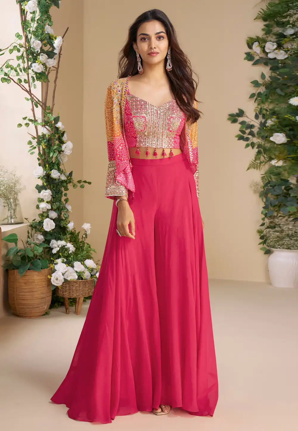 Pink Chinon Palazzo With Crop Top 317533