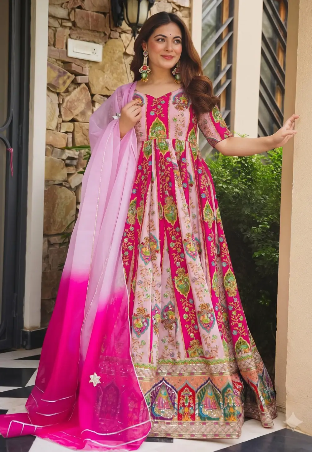 Pink Chinon Readymade Long Anarkali Suit 336648