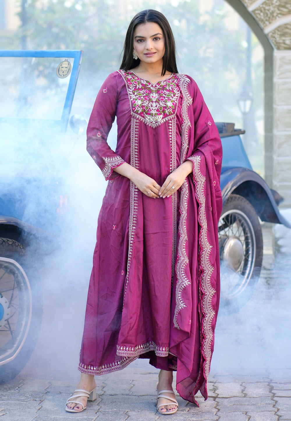 Pink Chinon Readymade Long Anarkali Suit 308842