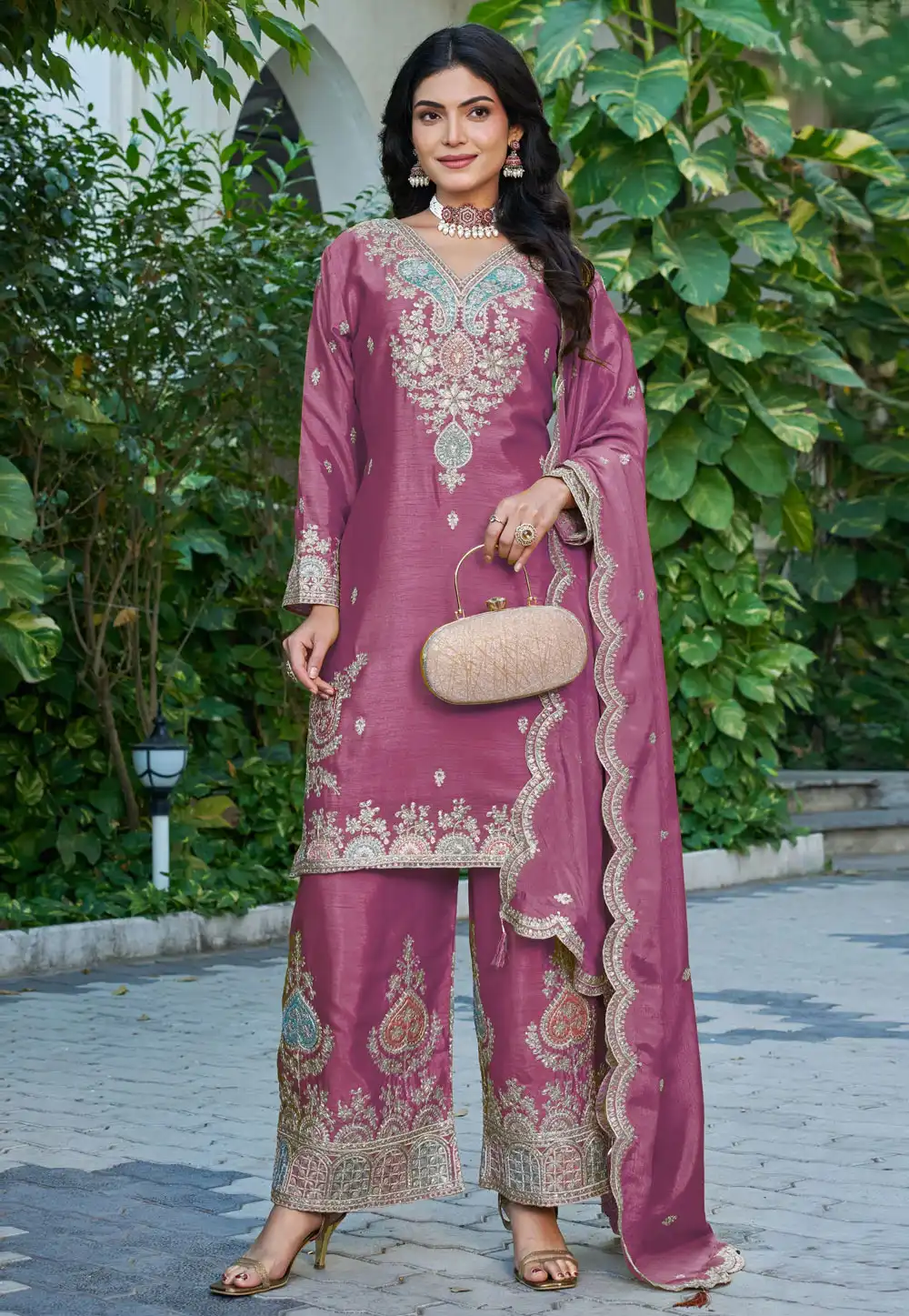Pink Chinon Readymade Pakistani Suit 327958