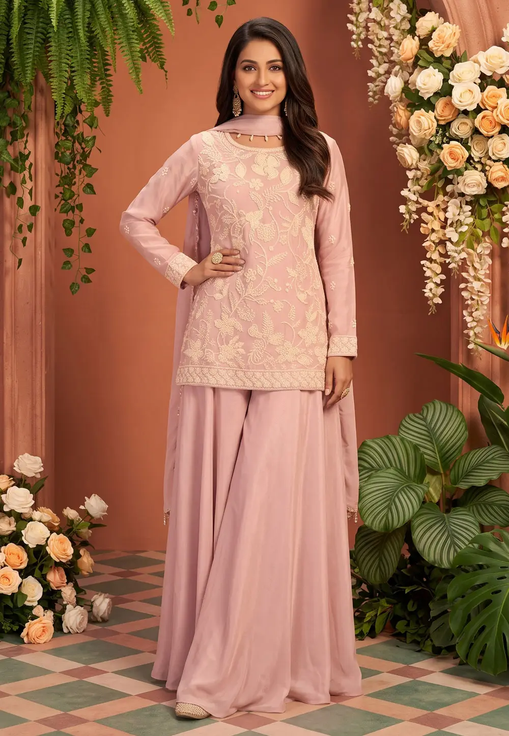 Pink Chinon Readymade Pakistani Suit 333168