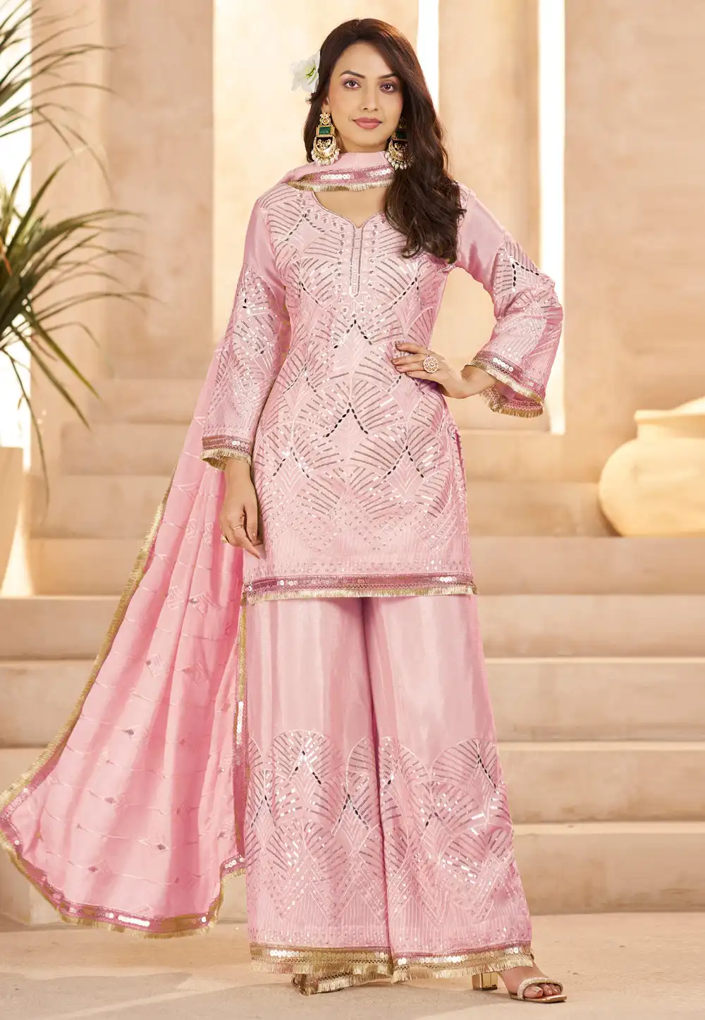 Pink Chinon Readymade Pakistani Suit 324852