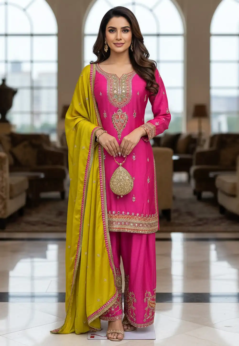 Pink Chinon Readymade Pakistani Suit 330410