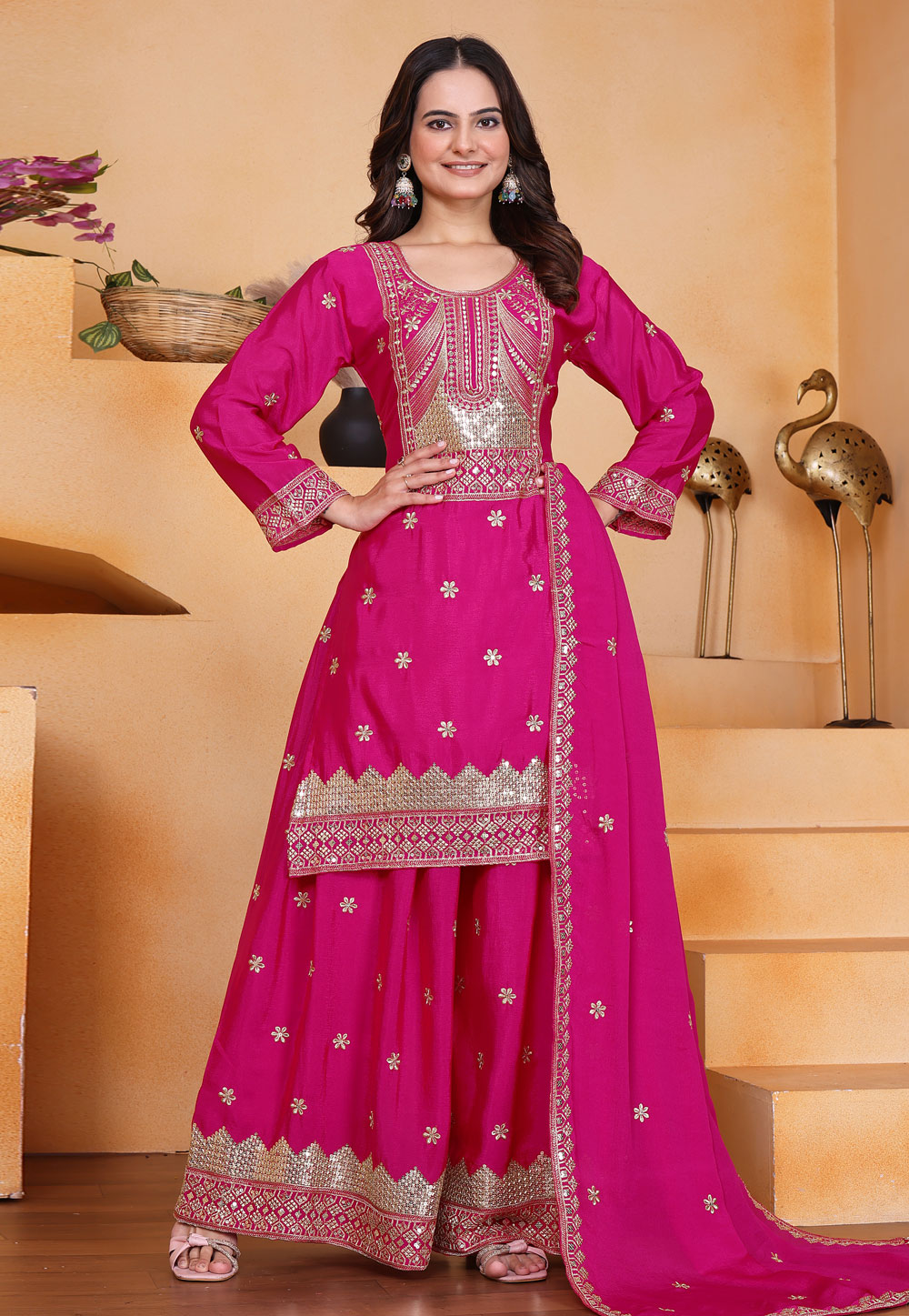 Pink Chinon Readymade Palazzo Suit 321467