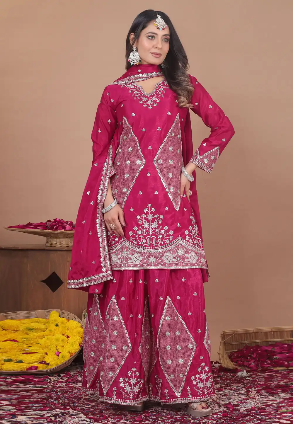 Pink Chinon Readymade Palazzo Suit 327498