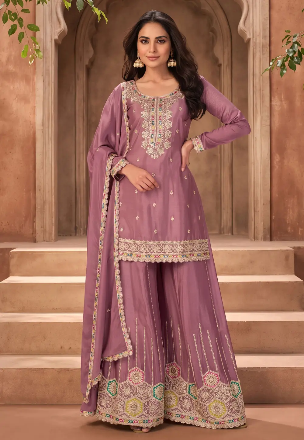 Pink Chinon Readymade Palazzo Suit 332628
